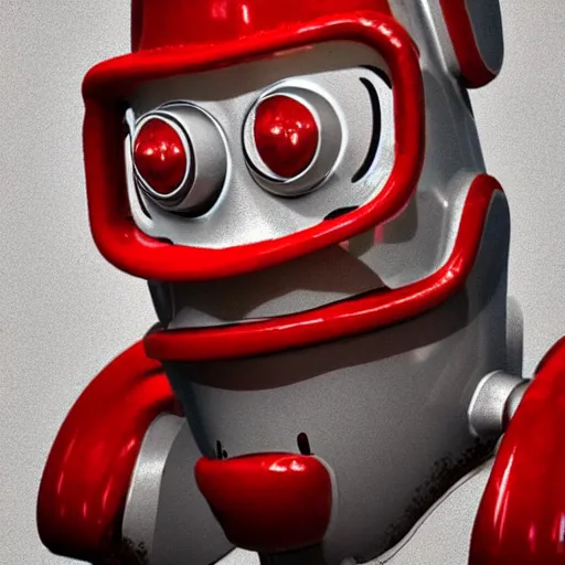 Image similar to character design portrait, of a robotic fry cook who is red and grey and rusty, artstation, concept art, 3 d render,