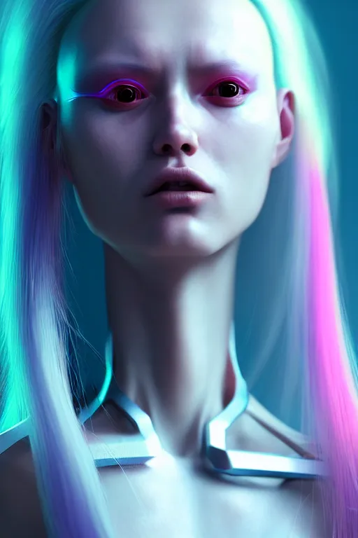 Image similar to a portrait of a beautiful young 28th century super cool post-human female wiht long colorful hair, barely human and largely biomechanical machine, hyper-realistic cyberpunk style, face by Yanjun Cheng, Irakli Nadar, design by Niel Blevins, Takayuki Takeya moody, models by 500px, dramatic cinematic lighting rendered by octane, 8k, detailed, intricate, clean and textures, trending on artstation, deviantart google images, pinterest