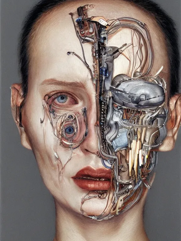 Image similar to cybernetic implants on face, metal jaw, usb port on forehead, portrait by jenny saville