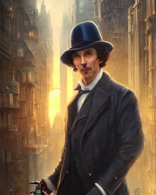 Prompt: portrait of sherlock holmes standing in a futuristic city street, soft colours, detailed, realistic, digital art, by alayna lemmer, by tom bagshaw