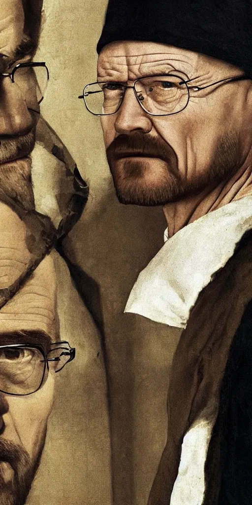 Prompt: walter white dressed as heisenberg with earring in the style of vermeer