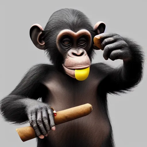Image similar to a high detail shot of a chimp wearing a suit, smoking a cigar, render, cgsociety, photorealism