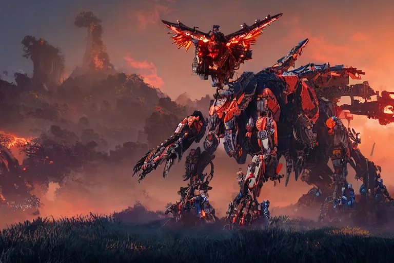 Image similar to fireclaw machine mecha animal beast robot of horizon forbidden west horizon zero dawn bioluminiscence global illumination ray tracing hdr fanart arstation by sung choi and eric pfeiffer and gabriel garza and casper konefal