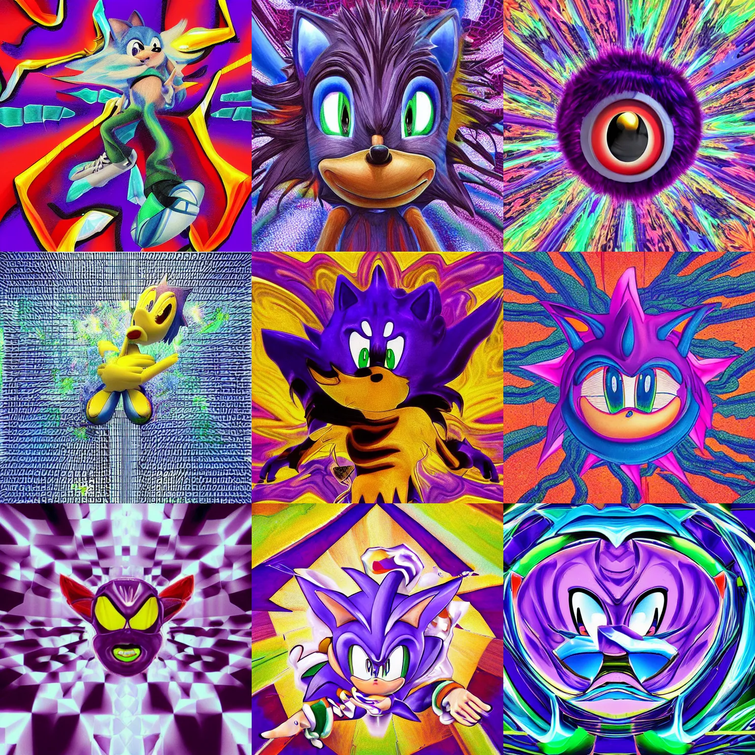 Prompt: sonci portrait surreal, shattered mirror shards, detailed professional, high quality airbrush art MGMT album cover of a liquid dissolving LSD DMT sonic the hedgehog on a flat purple checkerboard plane, 1990s 1992 prerendered graphics raytraced phong shaded album cover