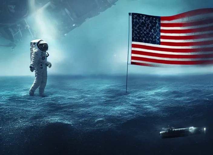 Image similar to astronaut holding a flag in an underwater desert. a submarine is visible in the distance. dark, concept art, cinematic, dramatic, atmospheric, 8 k, trending on artstation, blue, fish, low visibility, fog, ocean floor, christopher nolan, interstellar