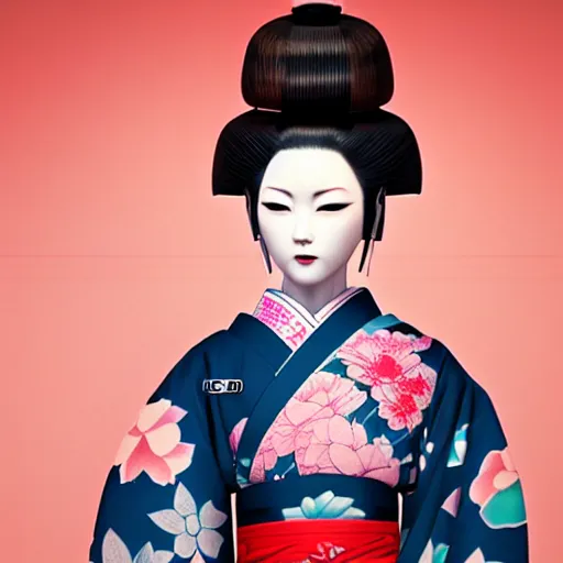 Image similar to an android geisha in a lotus position wearing a flowing kimono and tattoos, octane render, unreal engine, 8 k, cinematic, artwork by ilya kuvshinov