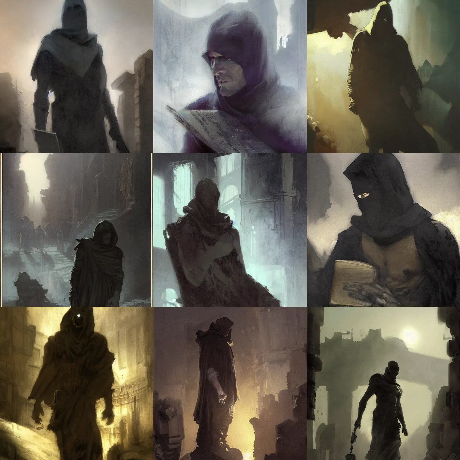 Prompt: portrait of destiny from sandman, man wearing a closed cerimonial cowl, big old book chained to the wrist, by jeremy mann, by craig mullins, by jeff easley, by caravaggio and mike mignola, face in the shadows, walking between ruins of ancient rome at dusk, mysterious atmosphere, high detailed, 8 k