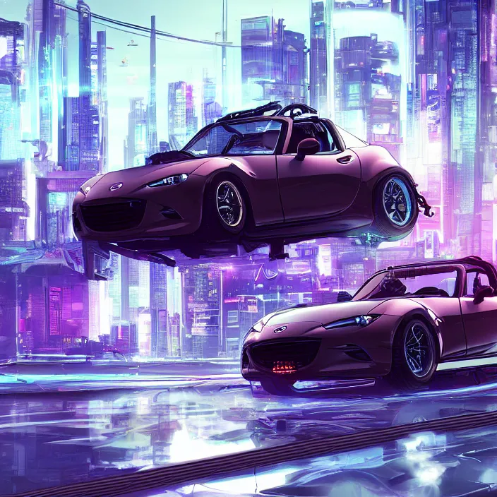 Image similar to a futuristic hovering, cyberpunk mazda miata in cyberpunk city, cyberpunk futuristic digital art concept