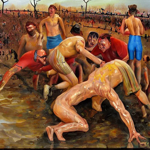 Prompt: 3 drunks fall over mud - wrestling,, where's wally, oil painted ( ( ( ( ( ( by salvador dali ) ) ) ) ) )