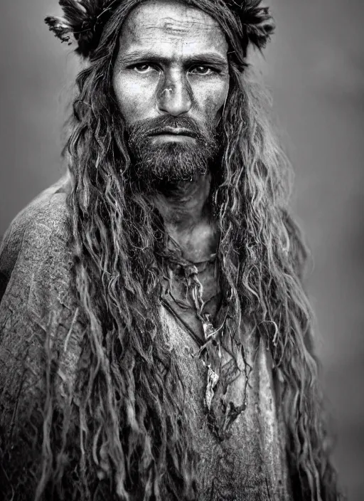 Image similar to Award winning Editorial photo of a Early-medieval Native Liechtensteiners with incredible hair and beautiful hyper-detailed eyes wearing traditional garb by Lee Jeffries, 85mm ND 5, perfect lighting, gelatin silver process