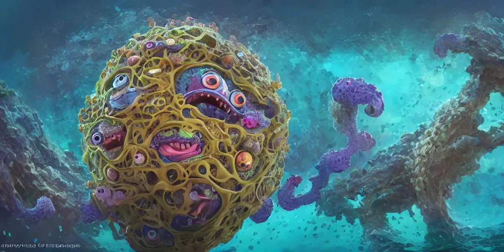 Prompt: of an intricate sea reef with strange cute friendly happy creatures with huge eyes, mouth, long tongue, round teeth and goofy face, appearing from the background, in the style of gehry and gaudi, macro lens, shallow depth of field, ultra detailed, digital painting, trending artstation, concept art, illustration, cinematic lighting, photorealism, epic, octane render