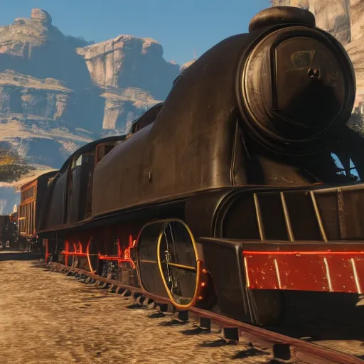 Image similar to futuristic sleek steam locomotive in red dead redemption 2