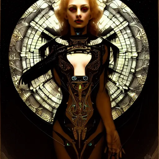 Image similar to extremely psychedelic beautiful cyborg queen of lsd infected by night. intricate, elegant, highly detailed, extremely lifelike photorealistic digital painting, artstation. steichen, gaston bussiere, tom bagshaw, cyberpunk alphonse mucha. elegant minimalism. anatomically correct. sultry. sharp focus. gold and black, white accents. melancholic. lifelike
