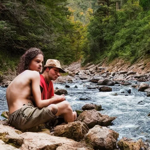 Image similar to portrait of two best in the nature, camping together near a river