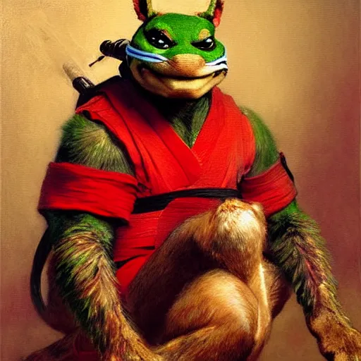 Prompt: a portrait of a furry splinter ninja turtles wearing a red kimono, hairy, furry body, furry arms, feet, tail. highly detailed painting by gaston bussiere, craig mullins, j. c. leyendecker, furry