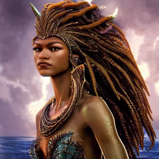 Prompt: zendaya as a dark - skinned mermaid la sirene haitian goddess, ultra - realistic, concept art, intricate details, highly detailed, photorealistic, octane render, 8 k, art by annie leibovitz and frank frazetta and simon bisley, brom