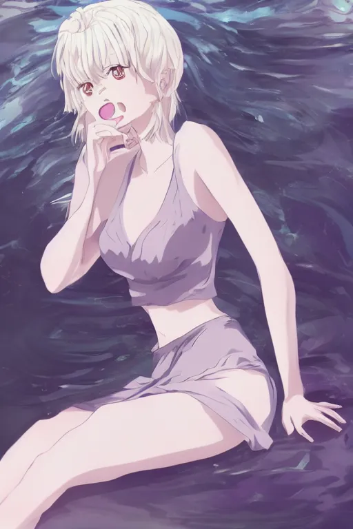 Prompt: anime art full body portrait character concept art, anime key visual of elegant young female, platinum blonde, large eyes, finely detailed perfect face delicate features directed gaze, laying near waterfall, arms crossed behind head, trending on pixiv fanbox, studio ghibli, extremely high quality artwork