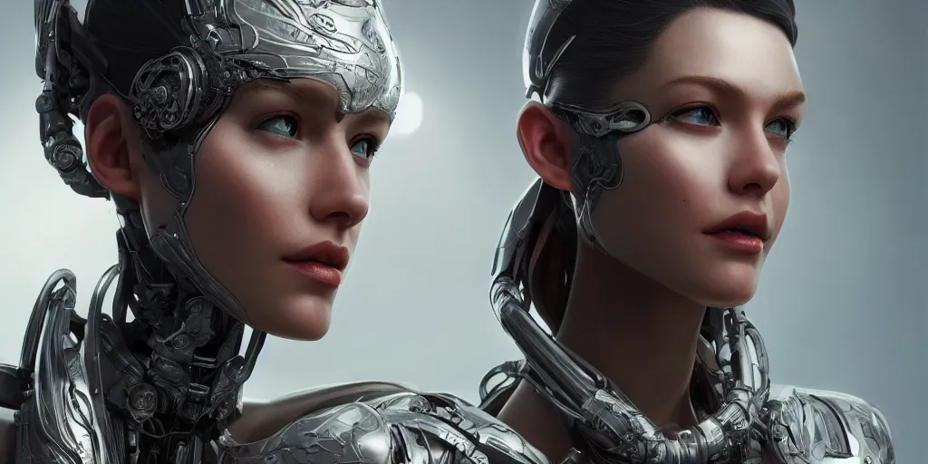 Image similar to ultra realistic, beautiful cyborg woman, sci-fi, fantasy, mythical, intricate, elegant, highly detailed, digital painting, octane render, substance painter, zbrush, artstation, concept art, smooth, sharp focus, eerie, illustration, 8k, HD, art by artgerm and greg rutkowski and raphael