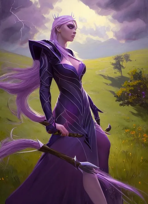 Image similar to portrait of mage Syndra from League of Legends practicing wild magic, countryside, calm, fantasy character portrait, dynamic pose, above view, sunny day, thunder clouds in the sky, artwork by Jeremy Lipkin and Giuseppe Dangelico Pino and Michael Garmash and Rob Rey and Jean Giraud, very coherent asymmetrical artwork, sharp edges, perfect face, simple form, 100mm