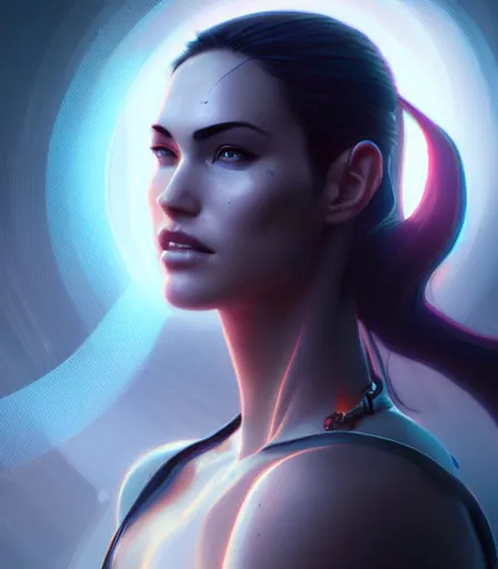 Image similar to beautiful portrait of a cyberpunk goddess who looks like Megan Fox , character design by charlie bowater, ross tran, artgerm, and makoto shinkai, detailed, soft lighting, rendered in octane