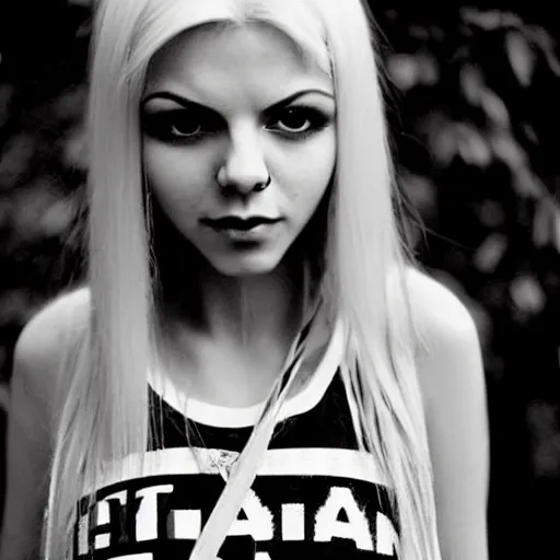 Image similar to aged film still taken of albino Victoria Justice dressed in a Nirvana tank-top and blue short shorts while she thinks a memory she thought she had but the memory was from the mind of the King of razor blades, Pinterest filter, complex detail added after taking the film still at 16K resolution, amazingly epic visuals, epically luminous image, amazing lighting effect, image looks gorgeously crisp as far as it's visual fidelity goes, absolutely outstanding image, perfect film clarity, amazing film quality, iridescent image lighting, mega-beautiful pencil shadowing, 16k upscaled image, soft image shading, crisp image texture, intensely beautiful image, large format picture, it's a great portrait of the highest quality, great Pinterest photo, Vogue portrait is masterfully lit, intricate, elegant, highly detailed, smooth, sharp focus, award-winning, masterpiece, in the style of Tom Bagshaw, Cedric Peyravernay, Peter Mohrbacher