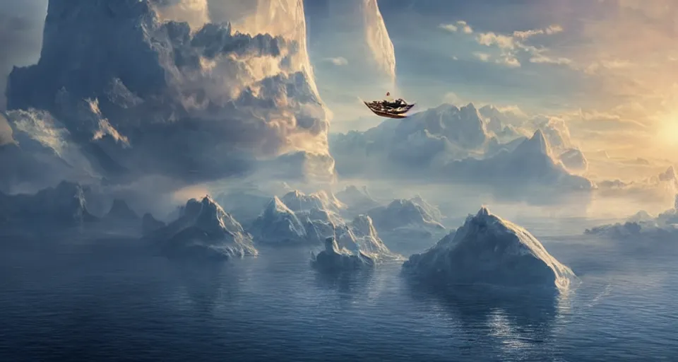 Image similar to A magnificent floating island in the sky above the sea, defying gravity, floating and flying island, epic lighting, epic composition, highly detailed