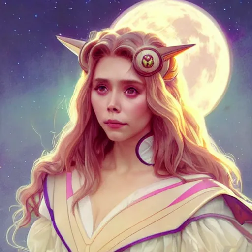 Image similar to Elizabeth Olsen as Sailor Moon, western, D&D, fantasy, intricate, elegant, highly detailed, digital painting, artstation, concept art, matte, sharp focus, illustration, art by Artgerm and Greg Rutkowski and Alphonse Mucha