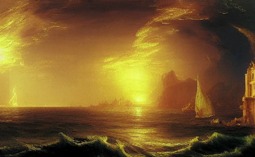 Image similar to a city of light and gold under the ancient runs of the ocean painted by thomas cole