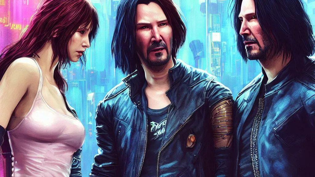 Image similar to a cyberpunk 2077 srcreenshot couple portrait of Keanu Reeves as johnny silverhand & female android in kiss,love story,film lighting,by Laurie Greasley,Lawrence Alma-Tadema,Dan Mumford,John Wick,Speed,Replicas,artstation,deviantart,FAN ART,full of color,Digital painting,face enhance,highly detailed,8K,octane,golden ratio,cinematic lighting