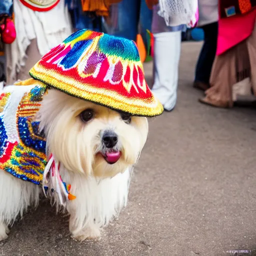 Image similar to a cream-colored Havanese dog wearing a knitted cinco de mayo poncho and hat at a fiesta in Mexico, Leica 35mm, 4K