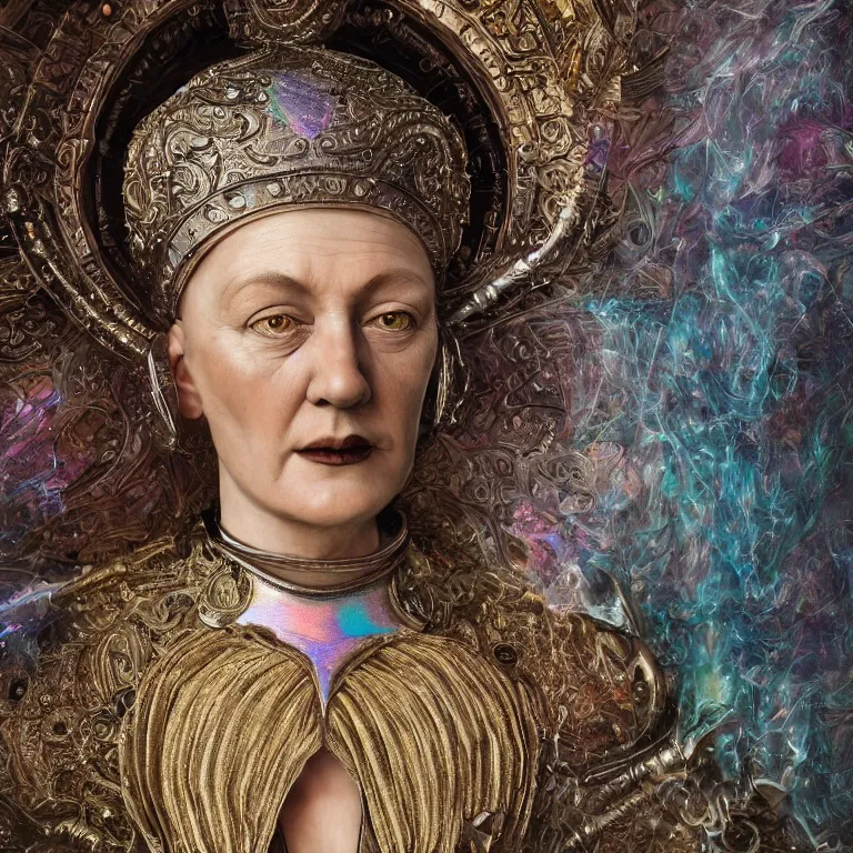 Prompt: octane render portrait by wayne barlow and carlo crivelli and glenn fabry and salvador dali, a 1 4 th century woman in a dramatic period dress with a giant iridescent silver shakespeare style collar, cinema 4 d, ray traced lighting, very short depth of field, bokeh, hypersurrealism