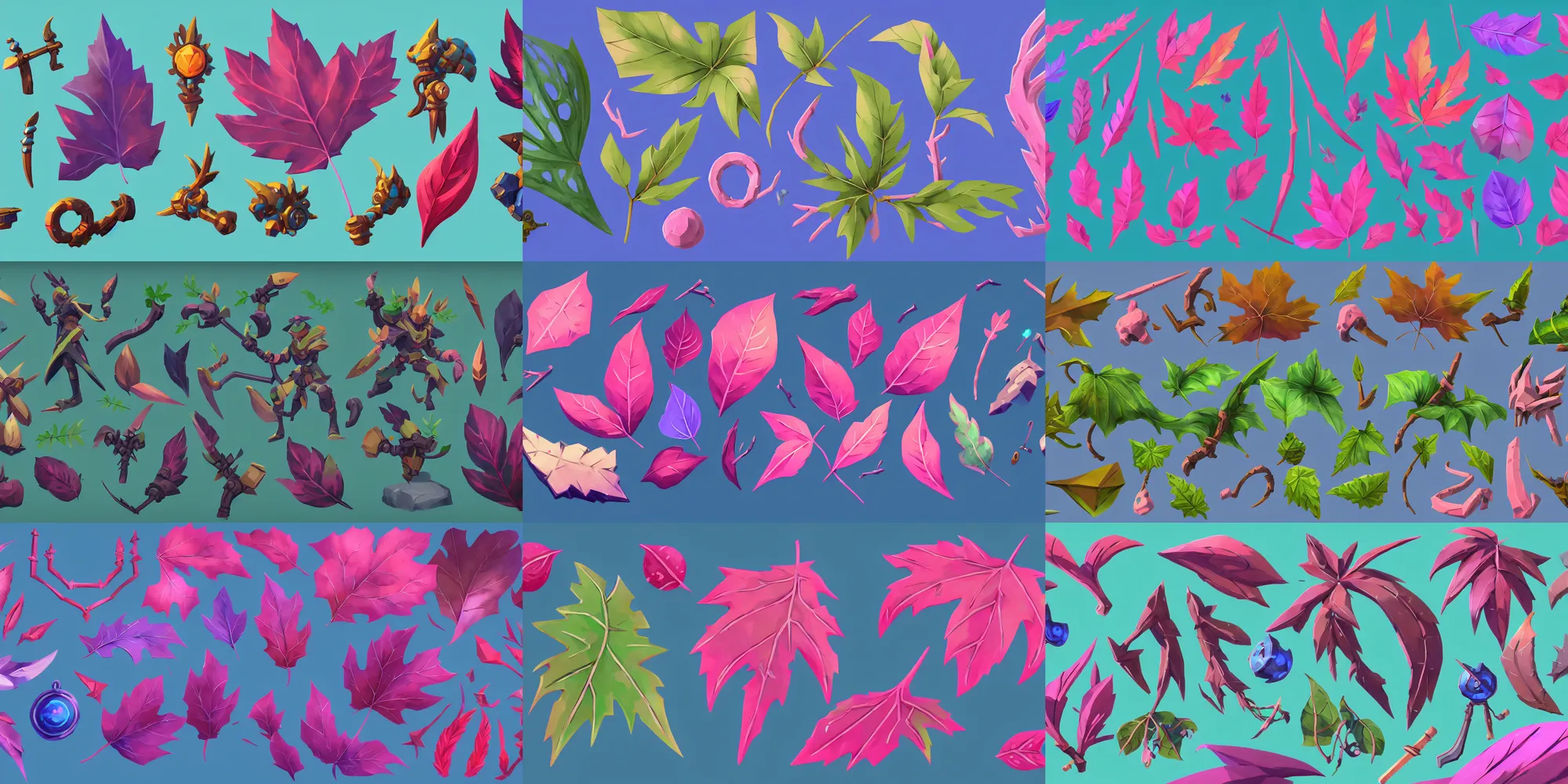 Prompt: game asset of unique leaf, in gouache detailed paintings, props, stylized, 2 d sprites, kitbash, arcane, overwatch, blue and pink color scheme, 8 k, close up