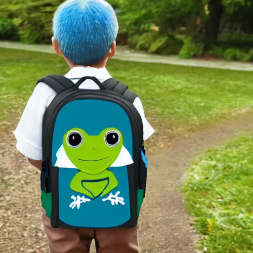 Image similar to 8k photograph of a frog wearing a backpack and school uniform. On his way to his first day at school