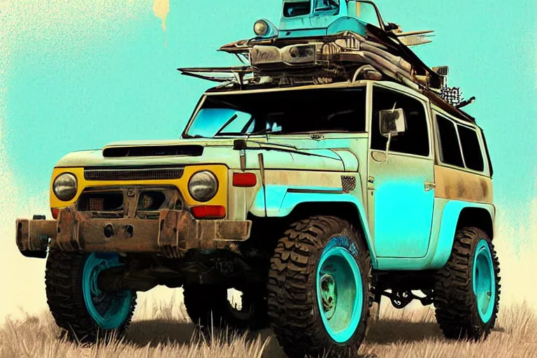 Image similar to digital illustration of a futuristic faded cyan mad max's fj 4 0 decrepit!!!! pursuit special, rusty!!! cyberpunk nissan fj cruiser heavily modded 1 9 9 0 s, the last v 8 interceptor by makoto shinkai, ilya kuvshinov, lois van baarle, rossdraws, basquiat