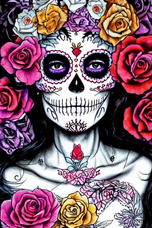 Image similar to Illustration of a sugar skull day of the dead girl, art by ayami kojima