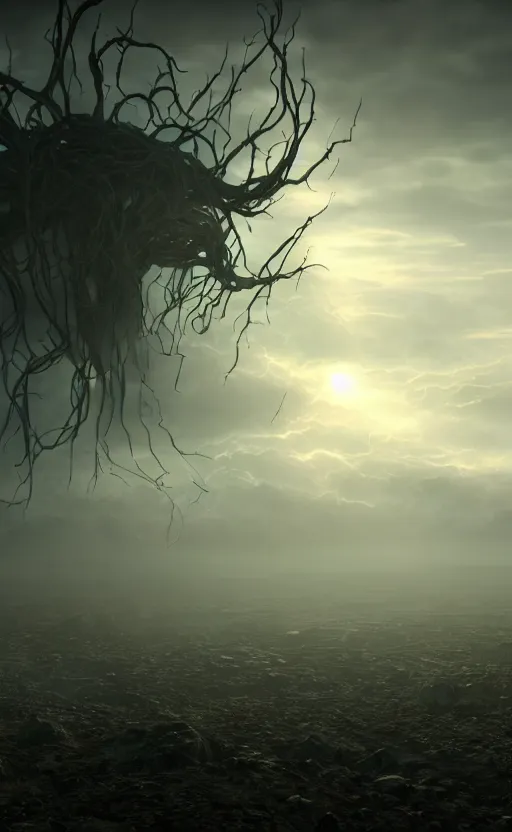 Image similar to the tendrils of a dormant god extending up into the sky, volumetric lighting, unreal engine 5, harrowing apocalyptic atmosphere, photorealistic, unnerving, hyperdetailed 3d matte painting, hyperrealism, hyperrealistic, cinematic masterpiece, fantasy horror style 8k ultrahd octane render