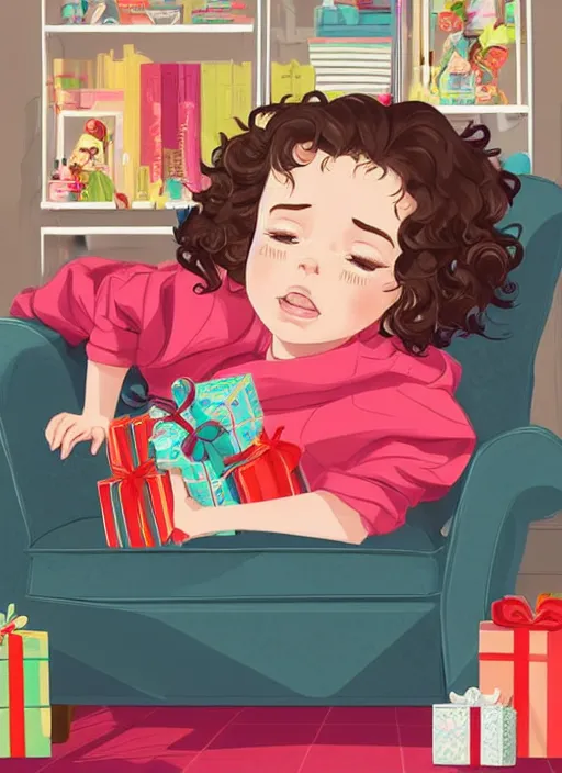 Prompt: little girl with short wavy curly hair, asleep in an armchair at christmas. surrounded by gifts. high quality detailed face. clean cel shaded vector art. shutterstock. behance hd by lois van baarle, artgerm, helen huang, by makoto shinkai and ilya kuvshinov, rossdraws, illustration, art by ilya kuvshinov