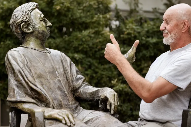 Image similar to a man who is sitting upright in a chair is touching a completed statue