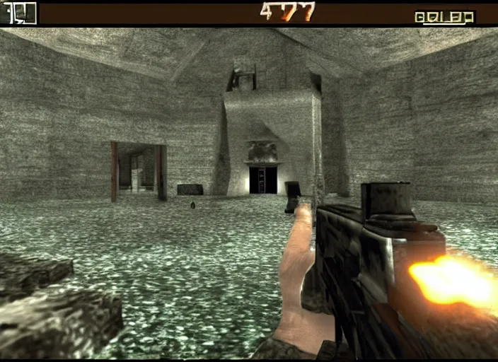 Image similar to a lonely temple next to an ancient city. screenshot of goldeneye. nintendo 6 4 ( 1 9 9 6 )