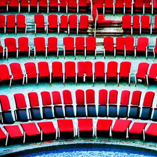 Image similar to a opera scenography of a mountain of old chairs over a pool of red water.