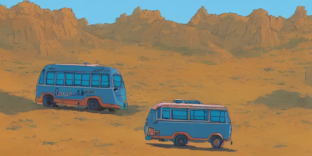 Prompt: an israeli bus driving in the negev, noon, sunlights, wide shot, digital art, ghibli style, vivid colors, flat colors, trending on artstation, high quality