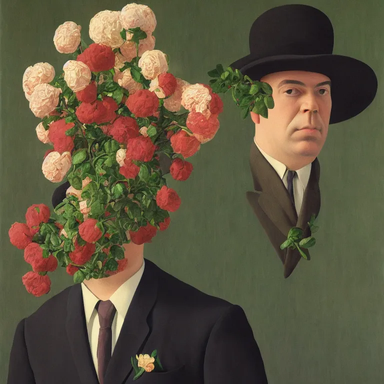 Prompt: portrait of a man, face hidden by beautiful flower bouquet, by rene magritte, detailed painting, hd, hq, high resolution, high detail, 4 k, 8 k