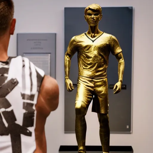 Image similar to a realistic detailed photo of a guy who is an attractive humanoid who is half robot and half humanoid, who is a male android, soccer players martin ødegaard, shiny skin, posing like a statue, blank stare, in a museum, on display, showing off his muscles, gold soccer shorts, ground view, ceramic statue