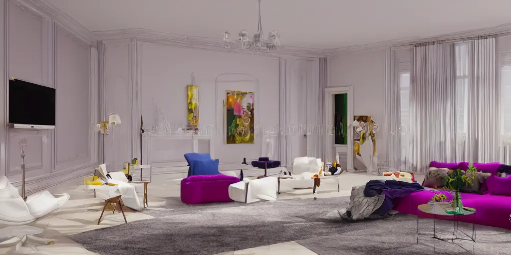 Image similar to colourful minimalistic royal interior design living room, big open floor, 3 d render v - ray photo realistic, 8 k