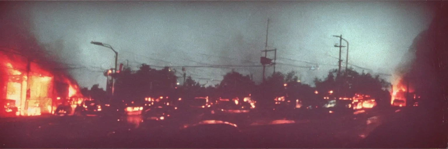 Image similar to 8 0 s polaroid photo, cinema still from david lynch movie, sleazy man watching night streets while a house burns in the background of suburbs, colorful haze, americana, high production value, 8 k resolution, hyperrealistic, hdr, photorealistic, high definition, high details, tehnicolor, award - winning photography, masterpiece, amazing colors