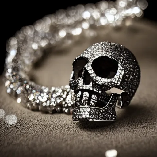 Image similar to jewelry skull made of holographic crystals, high contrast, close shot, commercial, studio light, dark background