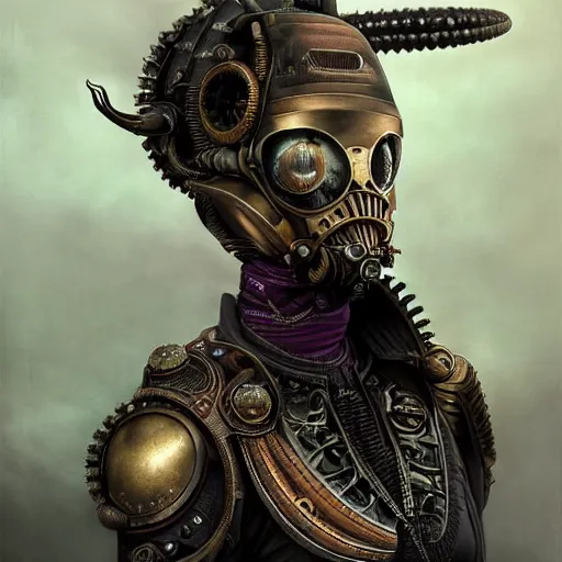 Prompt: rudolf freund dan mumford tom bagshaw, alien world, photorealistic soft paint of a single very beautiful asian warrior full long steampunk armored, ultra deep fog, purple black lustrous thin haircut, partial symmetry accurate features, focus, very intricate ultrafine details, award winning masterpiece, steampunk world