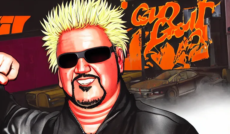 Image similar to guy fieri in gta vi : flavortown loading screen art by stephen bliss