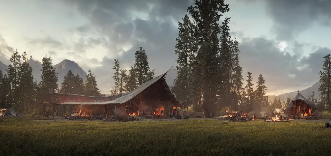 Prompt: longhouse, campfire, teepee, very detailed, octane render, realistic, 8 k, unreal engine 5, dramatic, volumetric, trees,, majestic mountains, sunrise, beautiful clouds, greg rutkowski