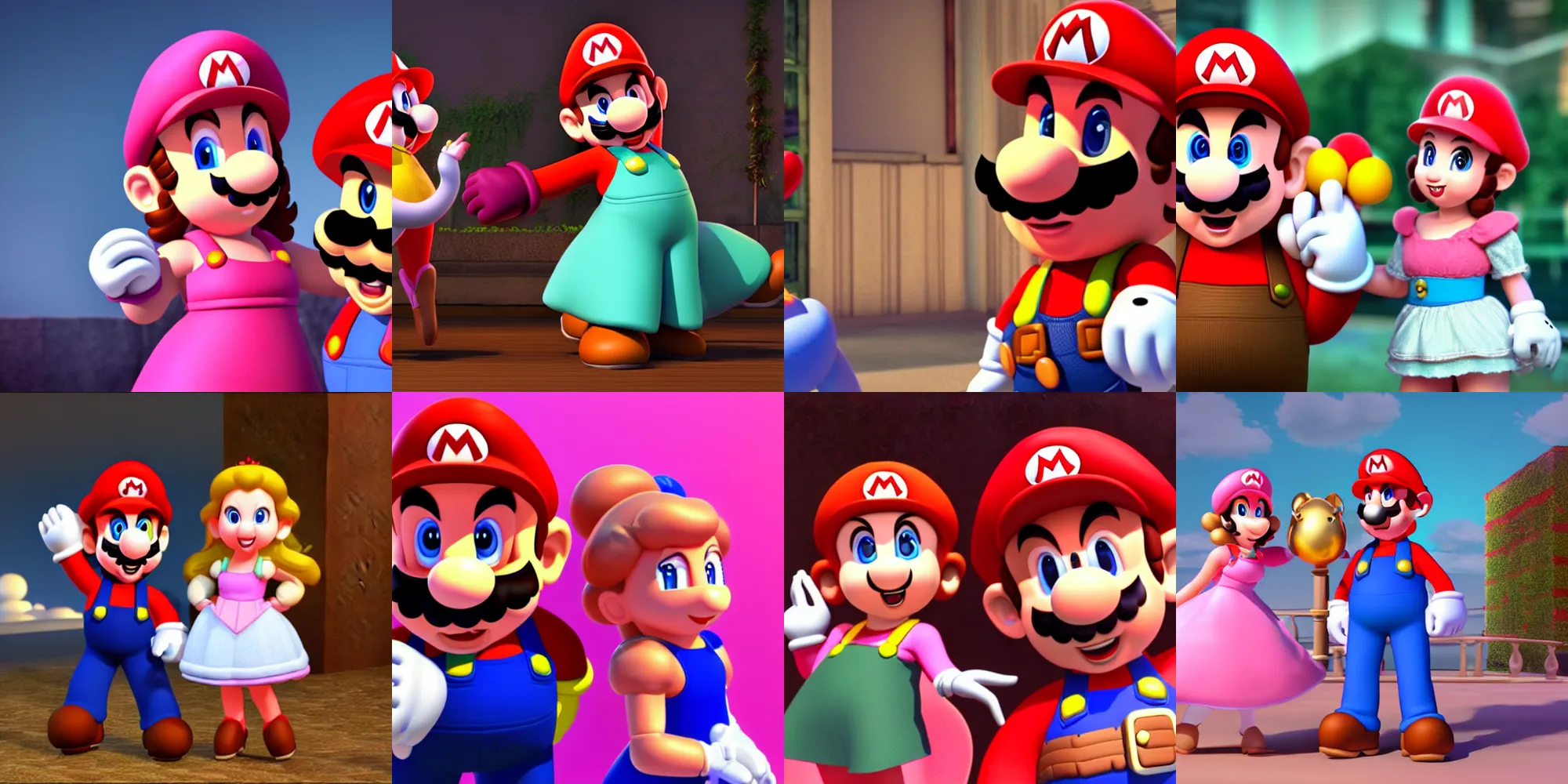 Prompt: mario and peach, fashion photo shoot, photo studio, jaunty posing and smiling for the camera, unreal engine render, 4 k, mood lighting